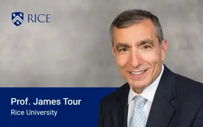 Professor James Tour stands in front of Rice University, showcasing his research in nanotechnology and materials science.