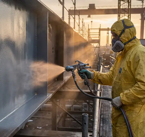 A man in yellow safety gear applies spray paint to a metal structure, ensuring safety and visibility during the task.