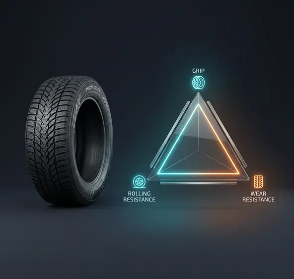 A tire positioned next to a glowing triangle, symbolizing caution or warning in a road safety context.