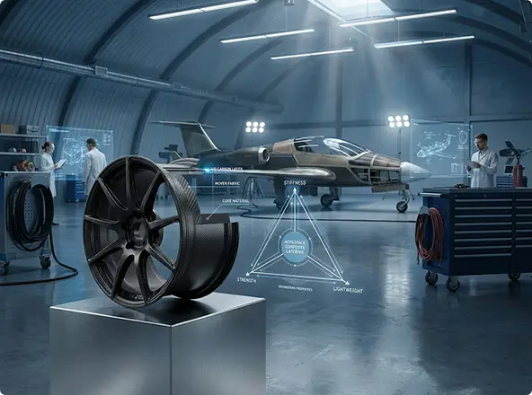 A wheel positioned between a jet engine and a car, illustrating the connection between aviation and automotive technology.