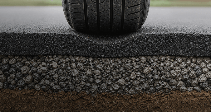 A tire resting on a black surface, surrounded by dirt and gravel, showcasing its rugged texture and environment.