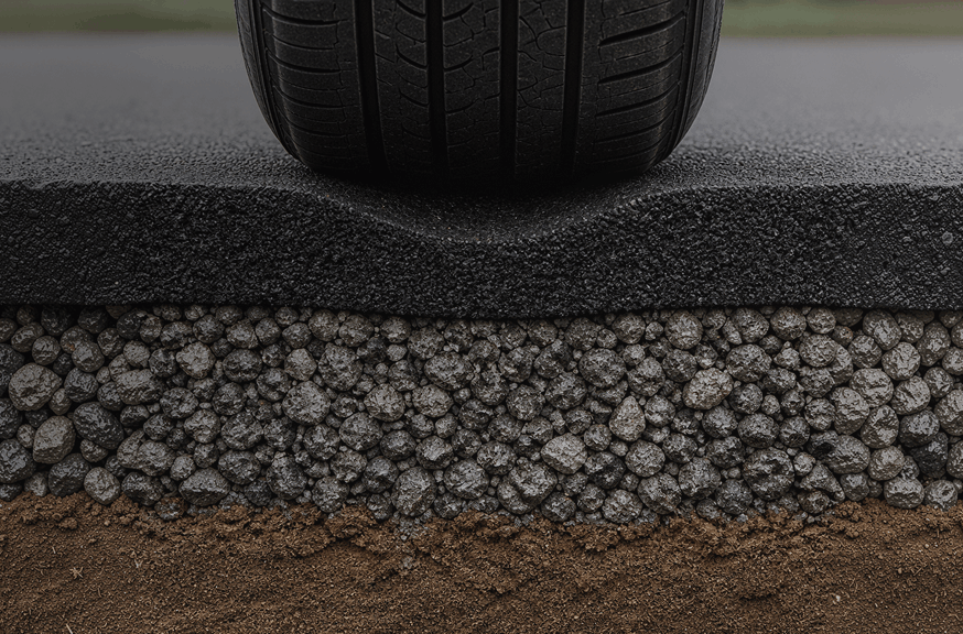 A tire resting on a black surface, surrounded by dirt and gravel, showcasing its rugged texture and environment.