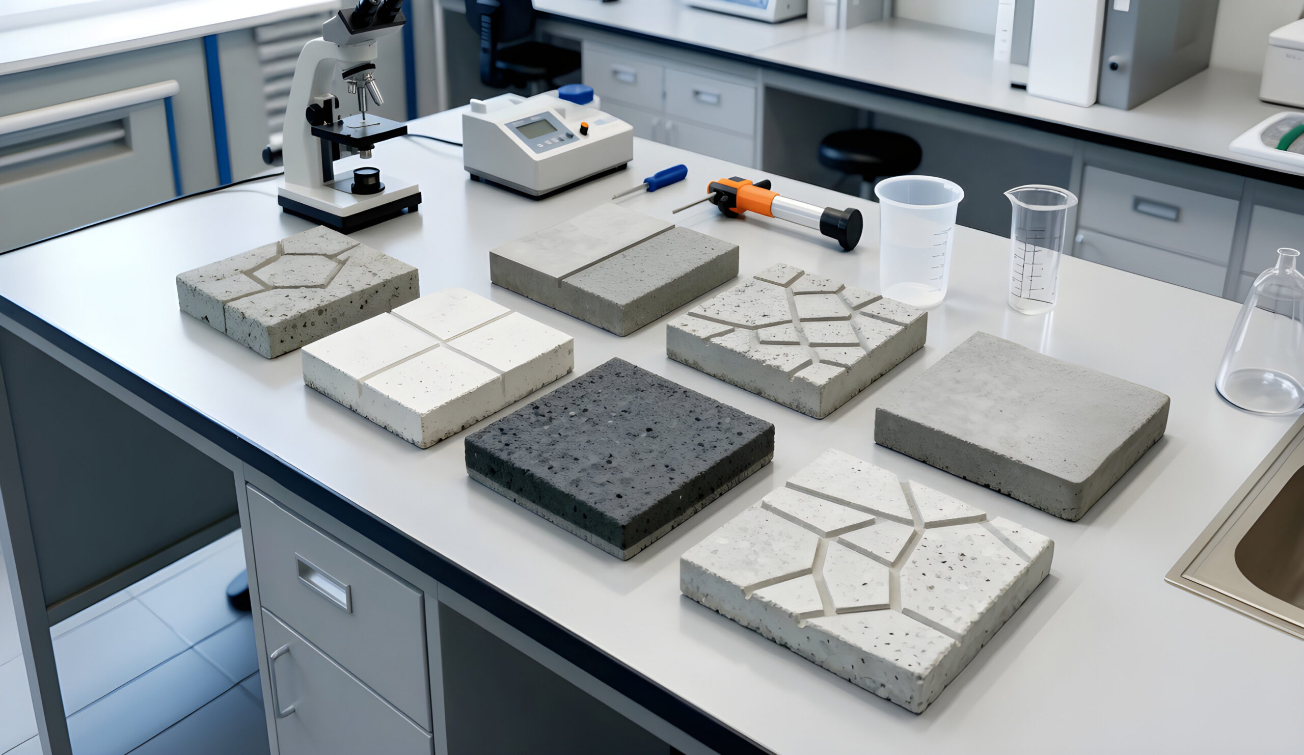 A laboratory space displaying concrete blocks and diverse materials used for scientific experiments and analysis.
