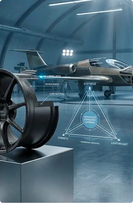 A wheel positioned between a jet engine and a car, illustrating the connection between aviation and automotive technology.