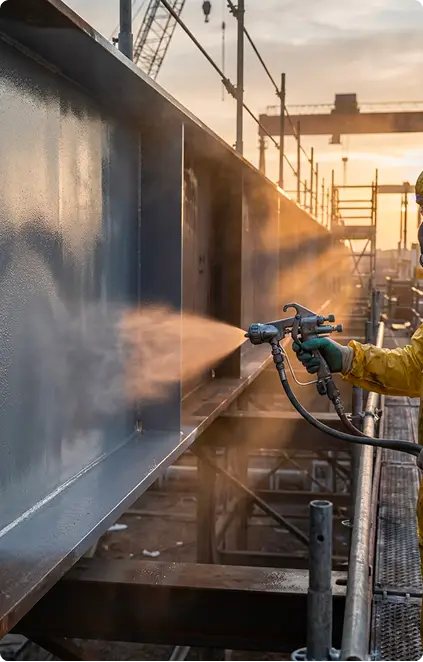 A man in yellow safety gear applies spray paint to a metal structure, ensuring safety and visibility during the task.