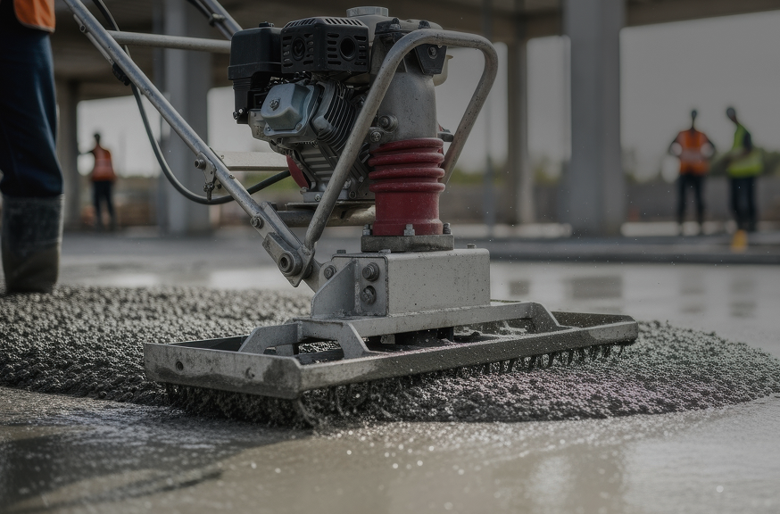 Power trowel machine smoothing wet concrete on a construction site floor