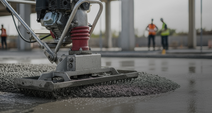 Power trowel machine smoothing wet concrete on a construction site floor
