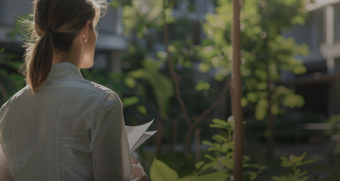 A woman holding papers looks out over a lush courtyard garden, framed by surrounding buildings.