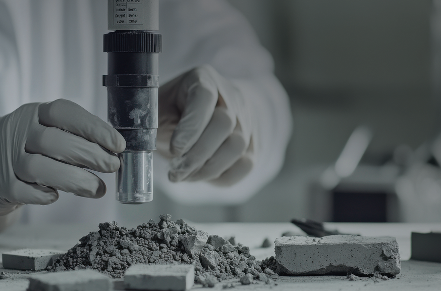 Gloved hands holding a laboratory tool above cement blocks and cement powder.