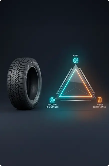 A tire positioned next to a glowing triangle, symbolizing caution or warning in a road safety context.
