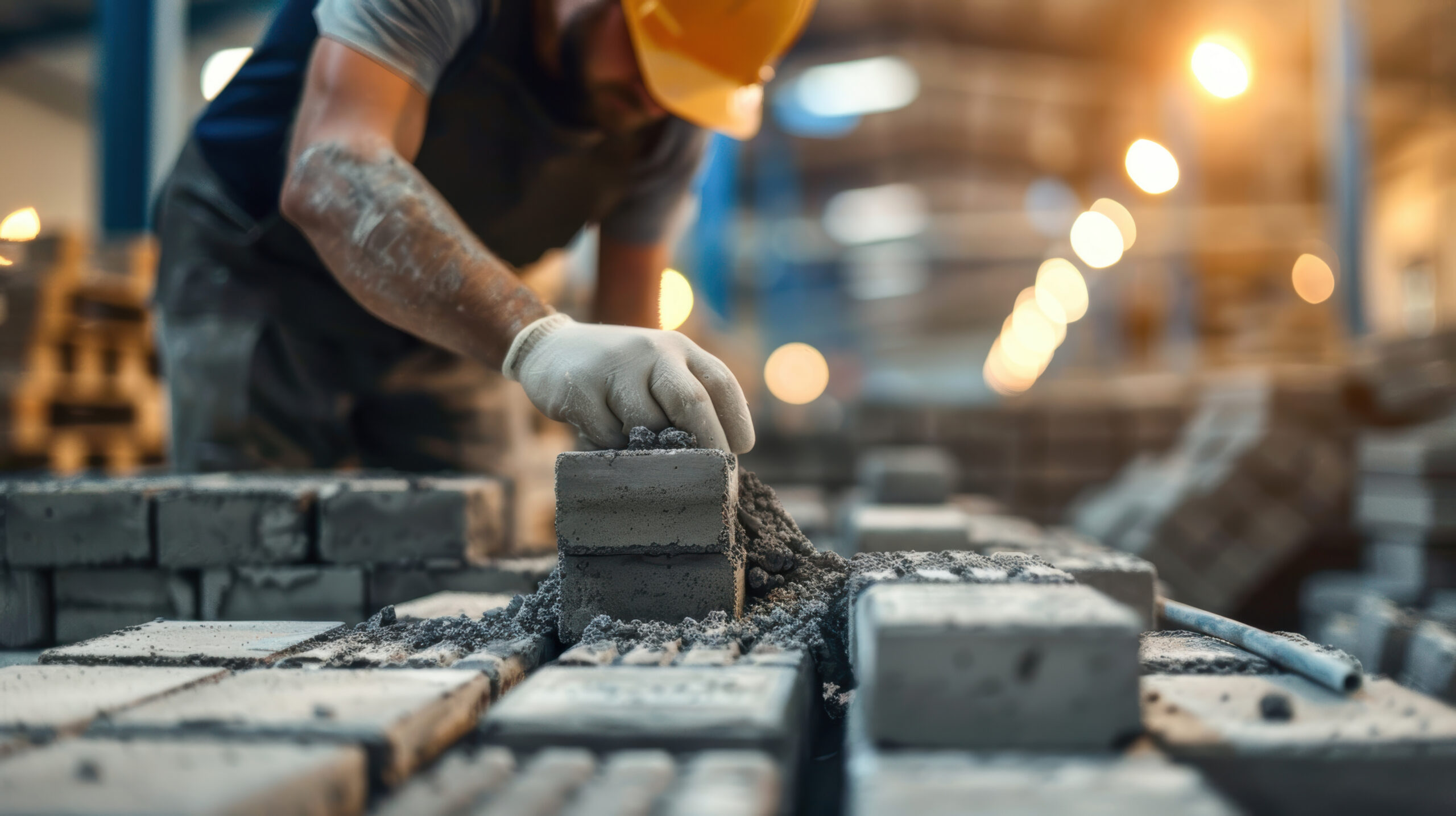 A factory worker positions bricks on the floor