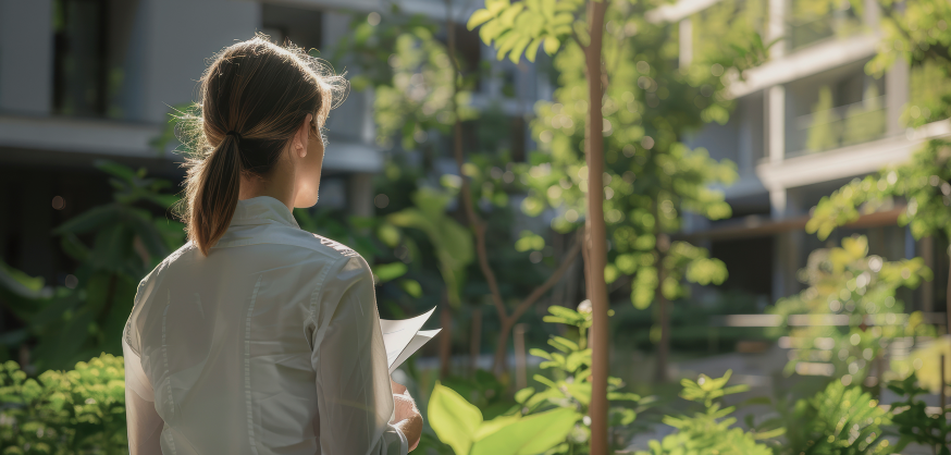 A woman holding papers looks out over a lush courtyard garden, framed by surrounding buildings.